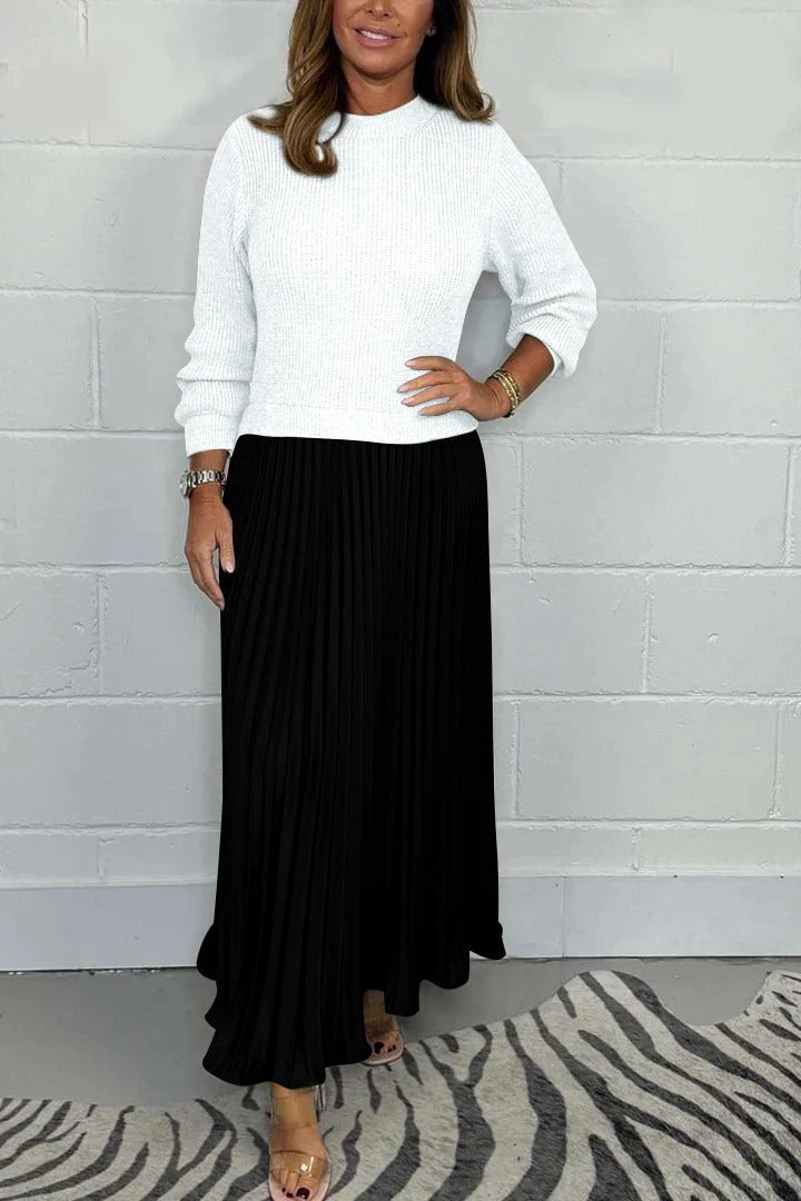 Claudia Maxi dress with sweater and pleated skirt