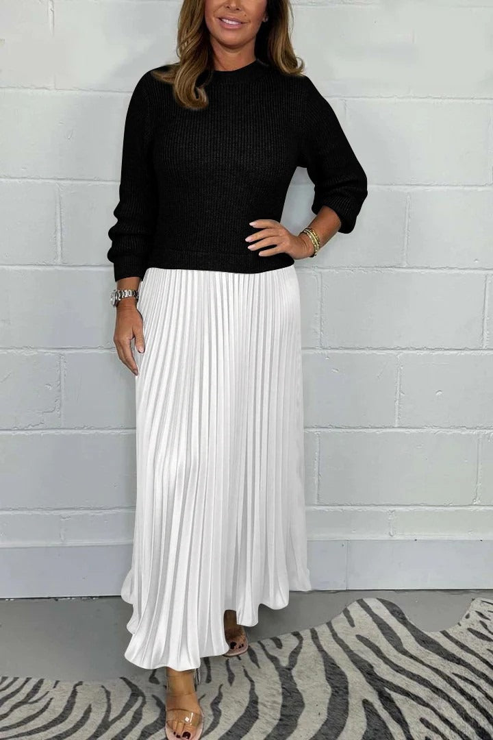 Claudia Maxi dress with sweater and pleated skirt