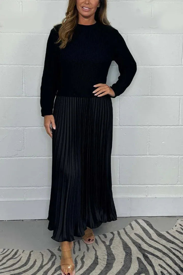 Claudia Maxi dress with sweater and pleated skirt