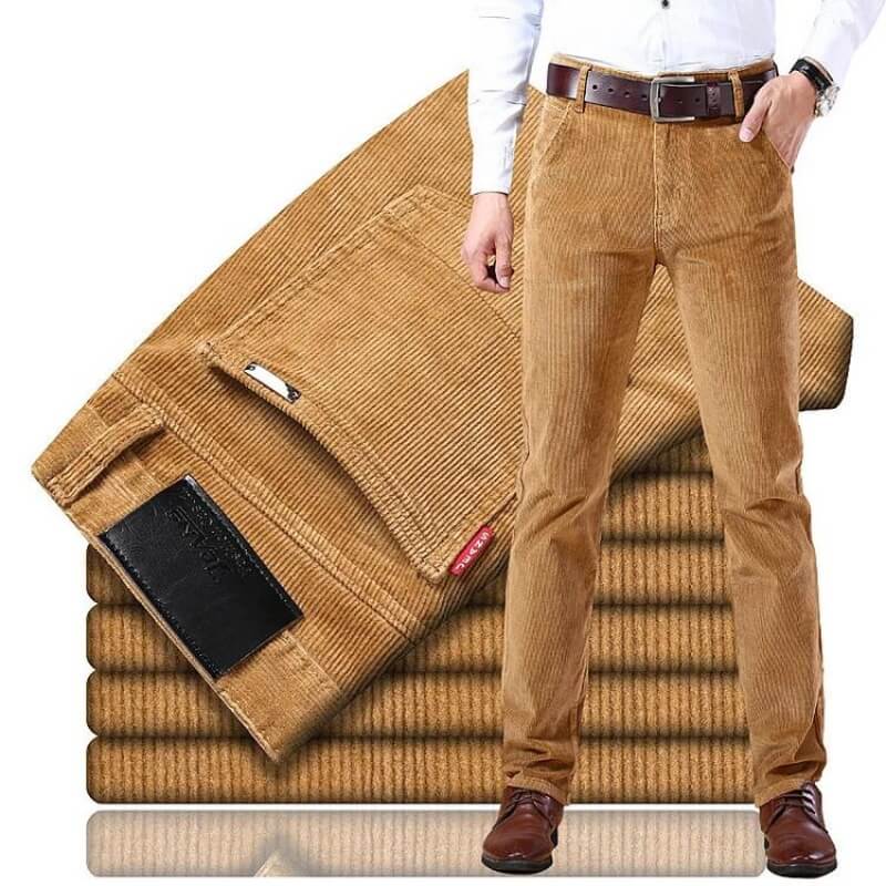 premium corduroy pants for men Cecilio displayed with stylish shirt and belt, illustrating elegance and comfort.