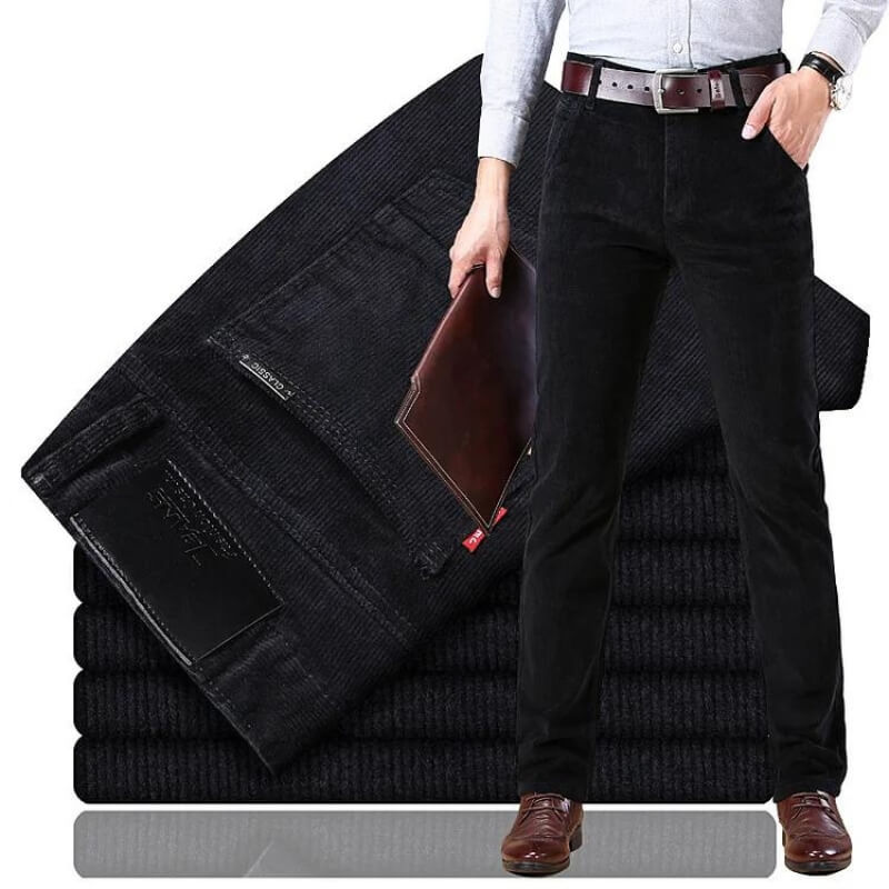 premium corduroy pants for men Cecilio styled with a shirt and belt, showcasing elegance and comfort.