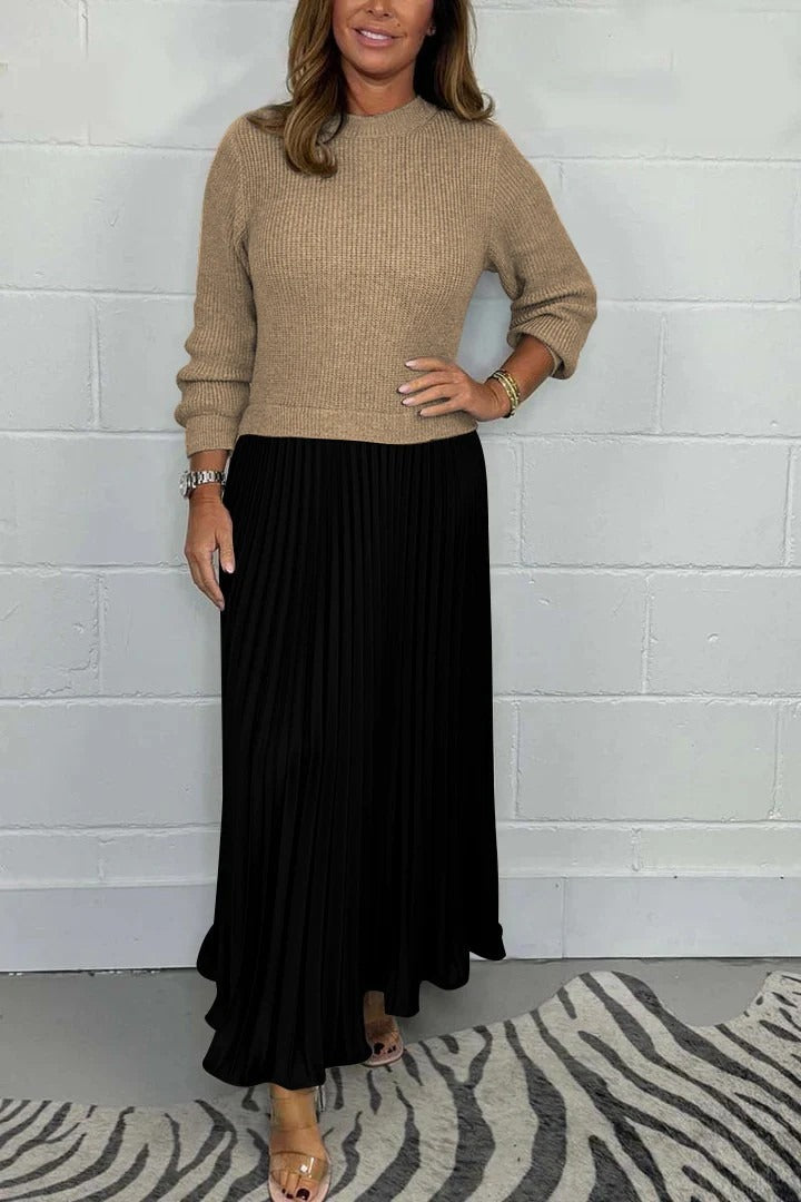 Claudia Maxi dress with sweater and pleated skirt