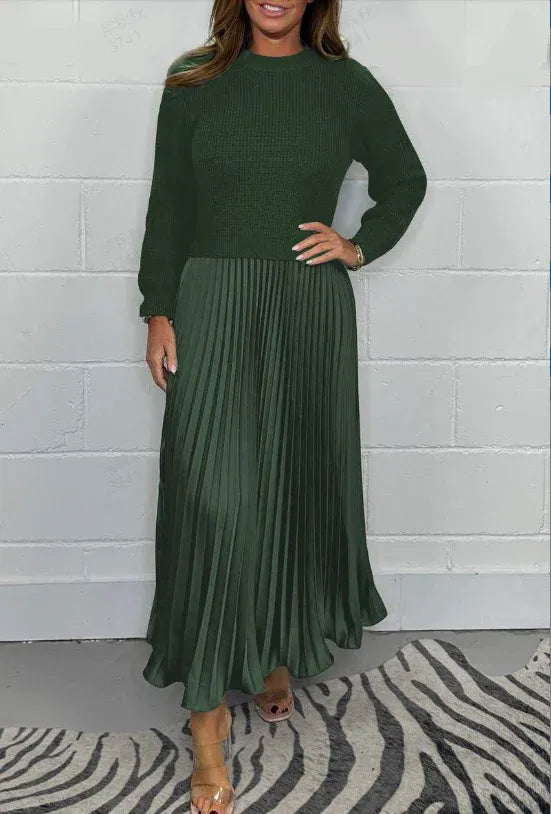 Claudia Maxi dress with sweater and pleated skirt