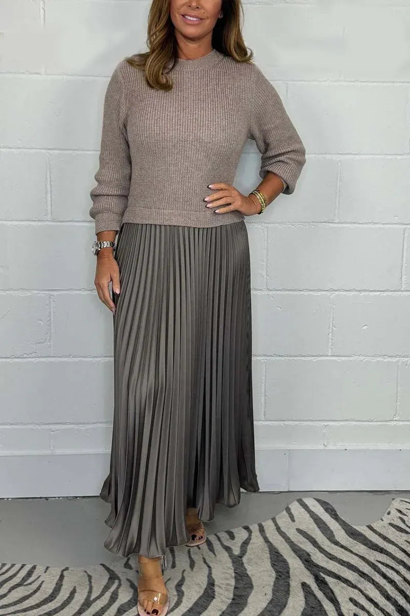 Claudia Maxi dress with sweater and pleated skirt