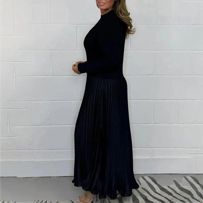 Claudia Maxi dress with sweater and pleated skirt